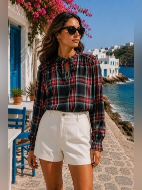 Talbots Red and Green Plaid Tie-Neck Blouse